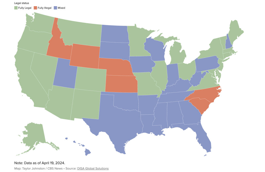 map of the usa showing which states have legal, illegal,and mixed law use of marijuana